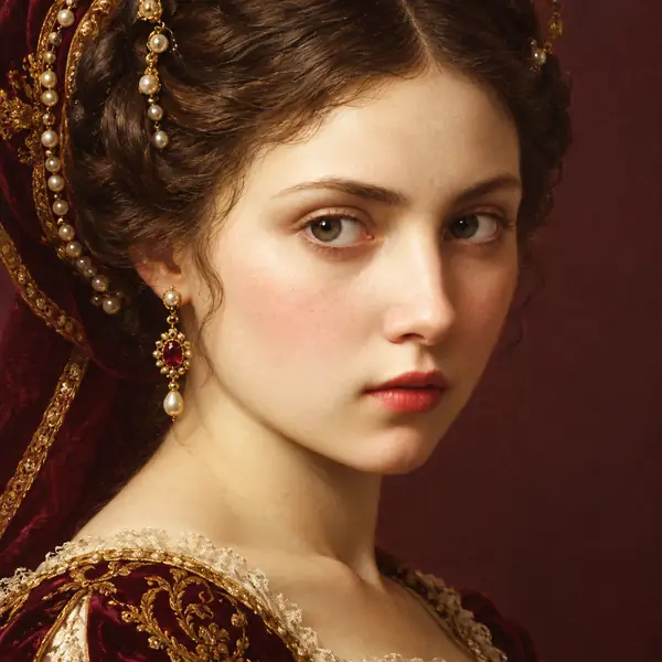 Un rostro histórico pintado con ojos nítidos y detalles delicados.