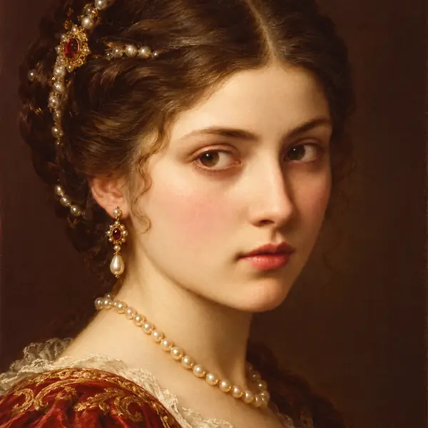 Un retrato pintado y restaurado con suavidad de una mujer con vestimenta histórica.